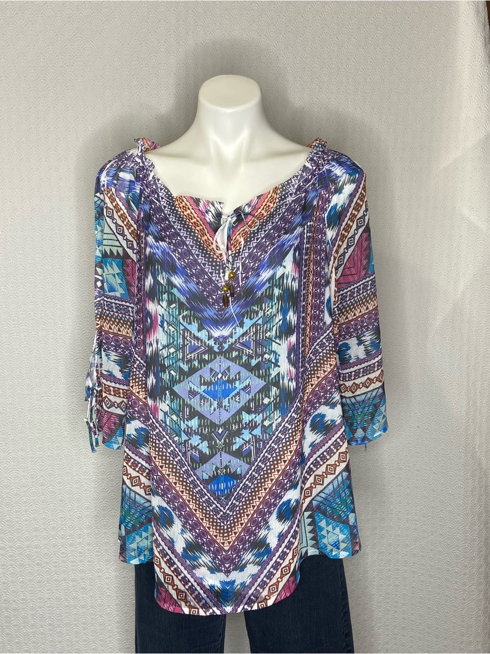 SHYANNE Boho Aztec Print Blouse Tie Neck Ruffle Collar Split Sleeve Womens XL